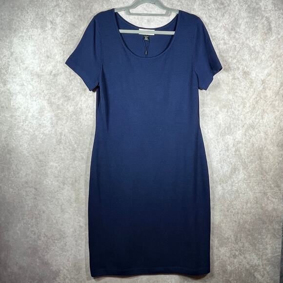 St. John Sweater Dress Womens Size‎ 12 Blue Knit Wool Blend Midi Scoop Neck NEW - Picture 1 of 10